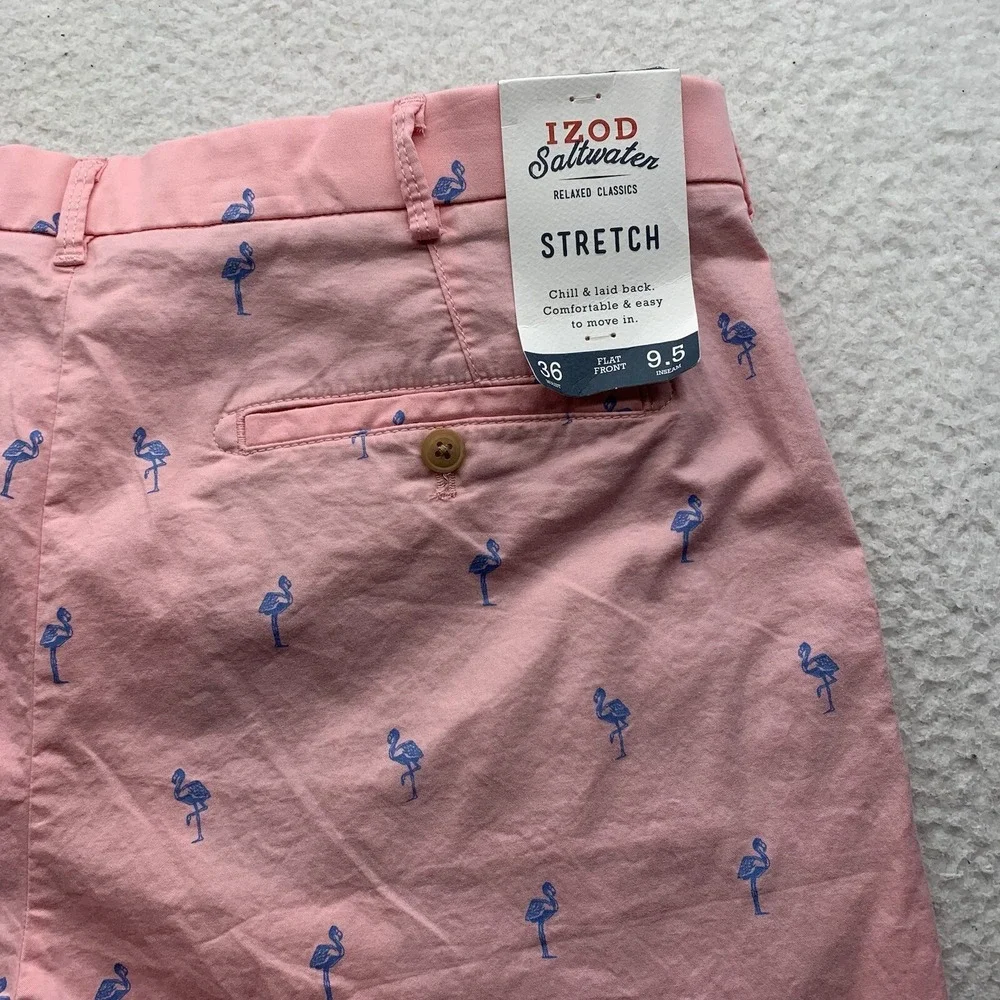 Izod Saltwater Shorts Mens 38x10 Pink Blue Allover Bird Print Preppy Stretch Dad